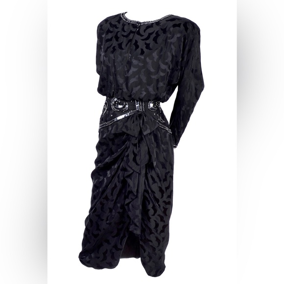 A.J. BARI 100% Silk 1980s Vintage Black Dress Asymmetrical Beaded with Sequins - Picture 1 of 13